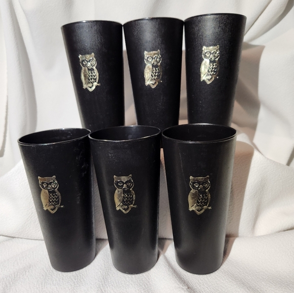 Six MCM Nasco Japan Black 12 Ounce Tumblers With Gold Owl Motif #1072 - Picture 10 of 12